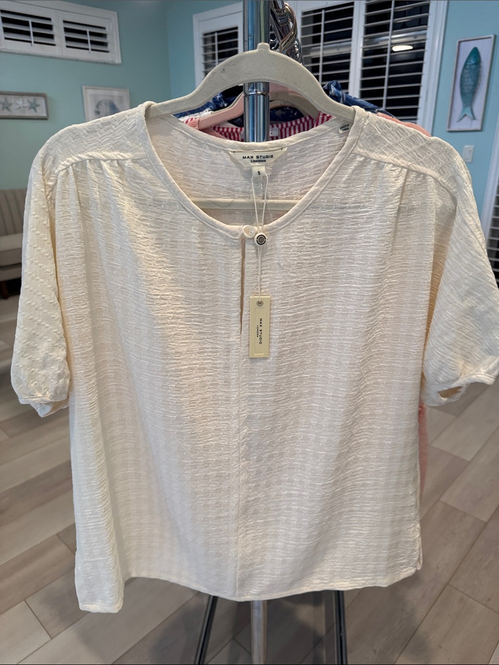 Max Studio Cream Short-Sleeve Textured Top